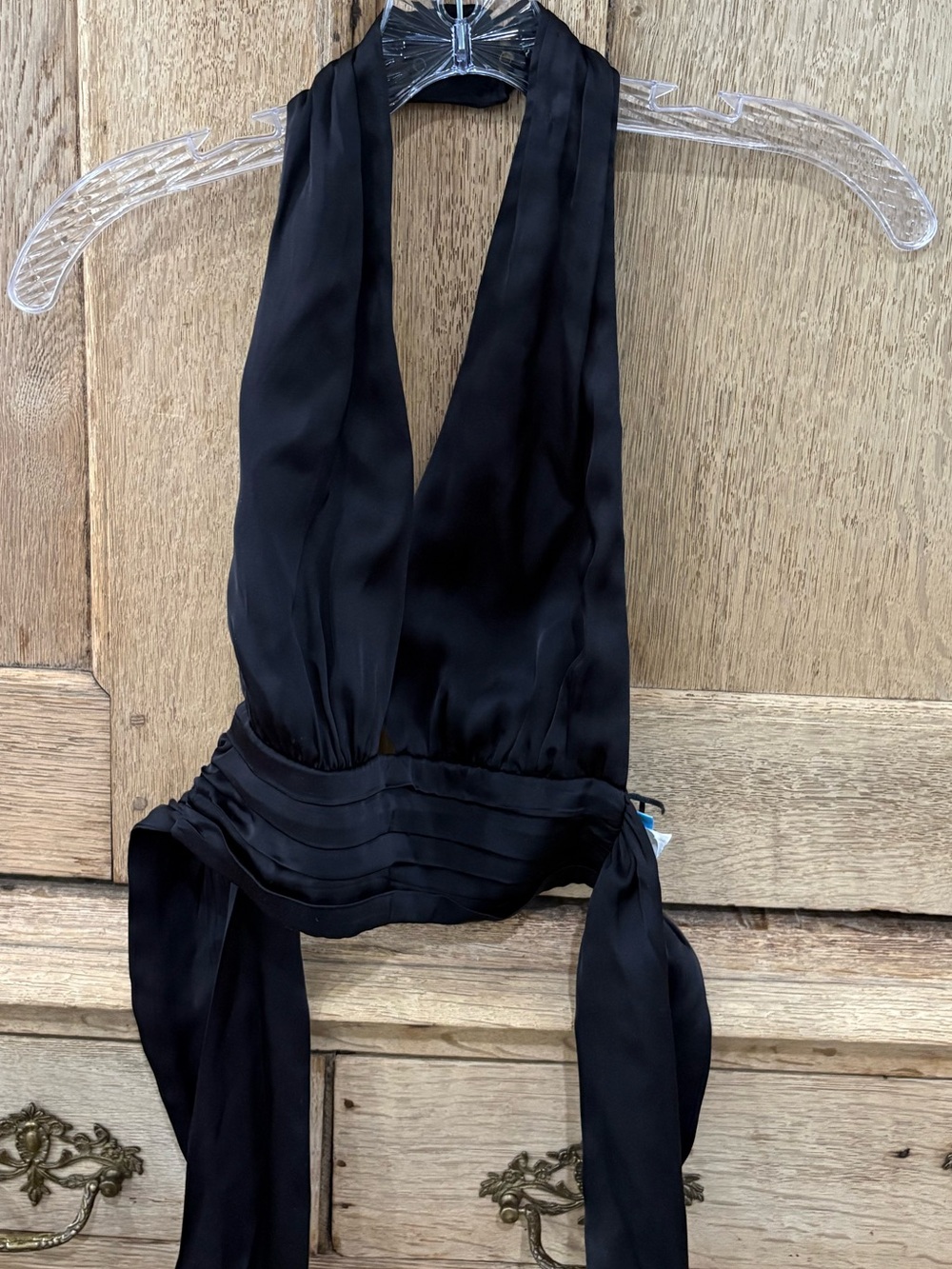 ZARA Black Satin V Neck, Pleated Hem Cropped Halter Top XS - Picture 2 of 4